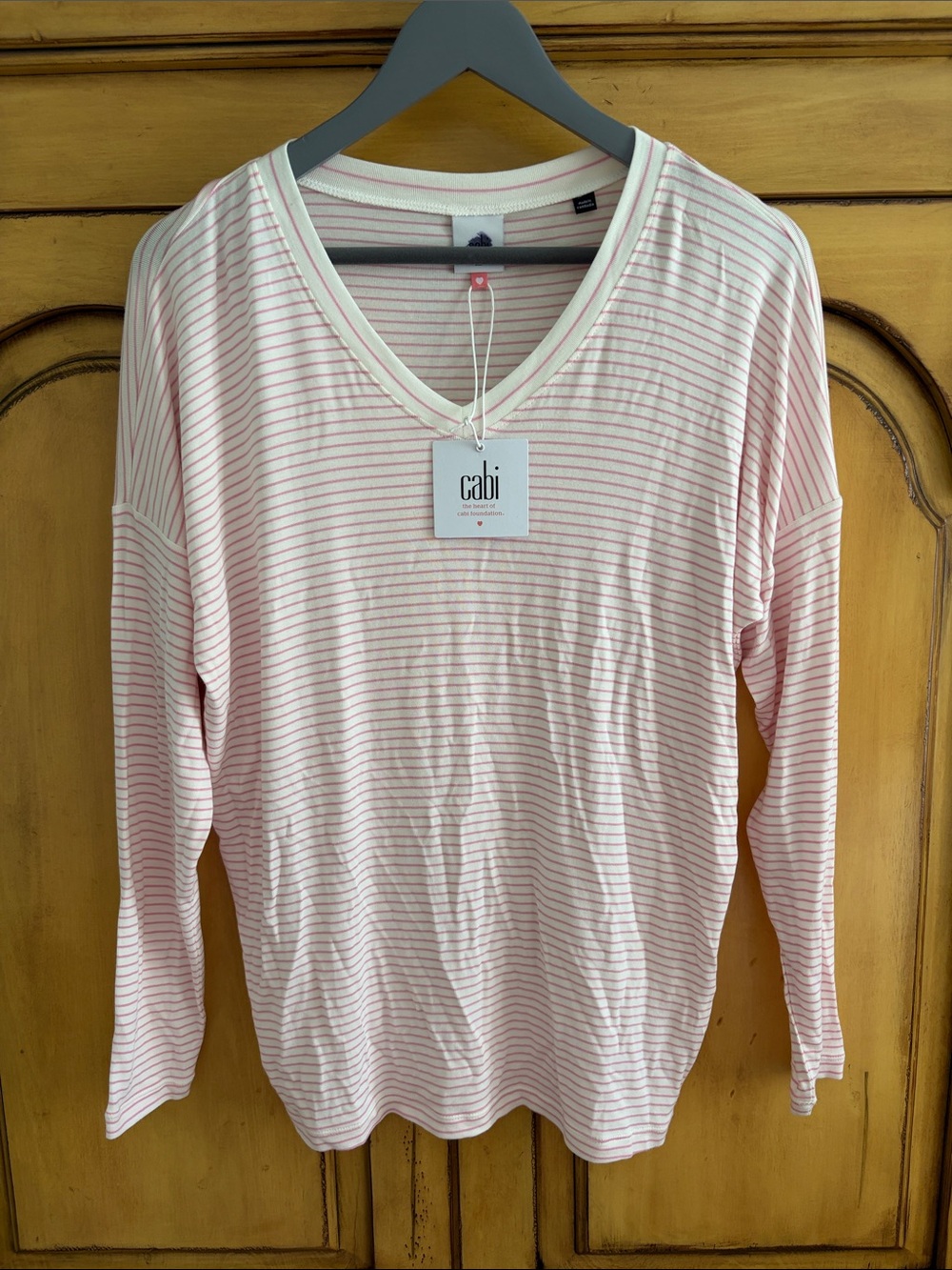 CAbi Pink & White Striped V-Neck Long Sleeve Top
